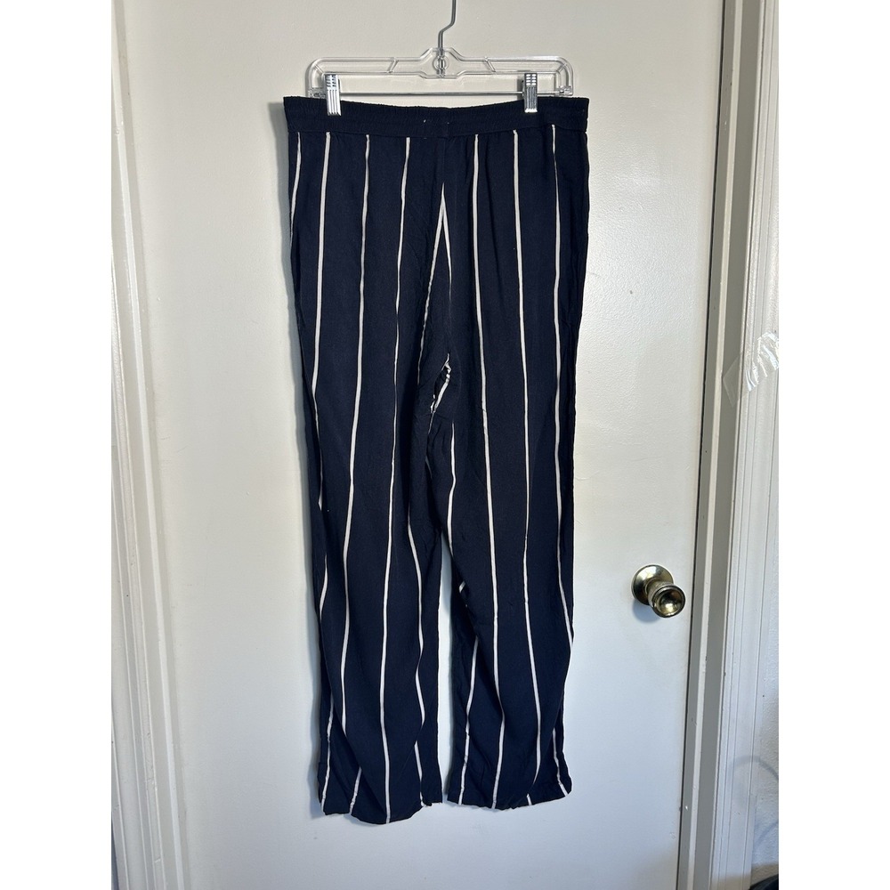 H&M L.O.G.G. Women's Navy Blue White Striped Wide Leg Linen Blend Pants Size 12 - Picture 7 of 9